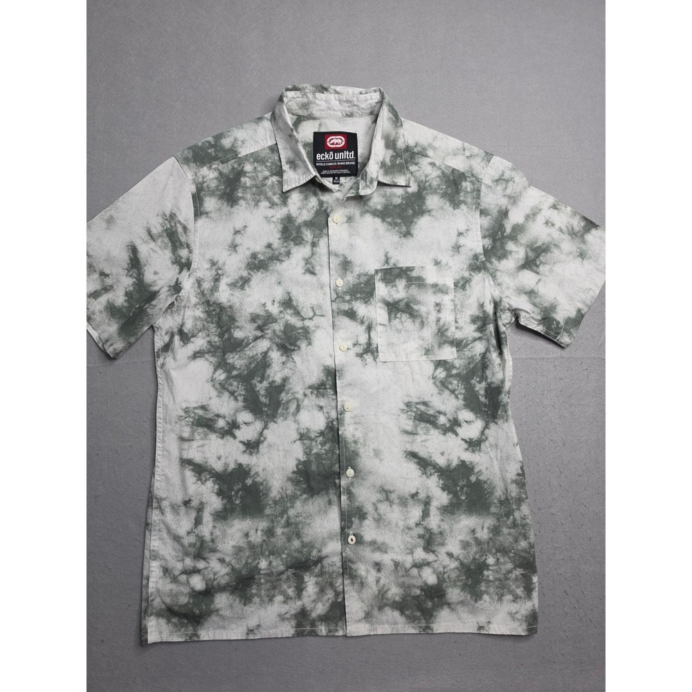 Ecko Unltd World Famous Rhino Brand Shirt Mens M White Green Tie-Dye Button-Up